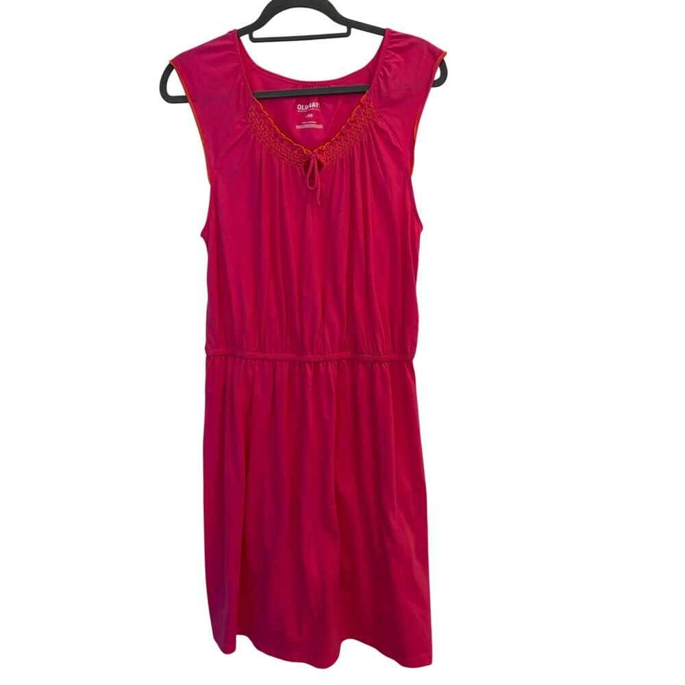 Old Navy Pink Embroidered Keyhole Mini Dress Elastic Waist Fit Flare Large NEW